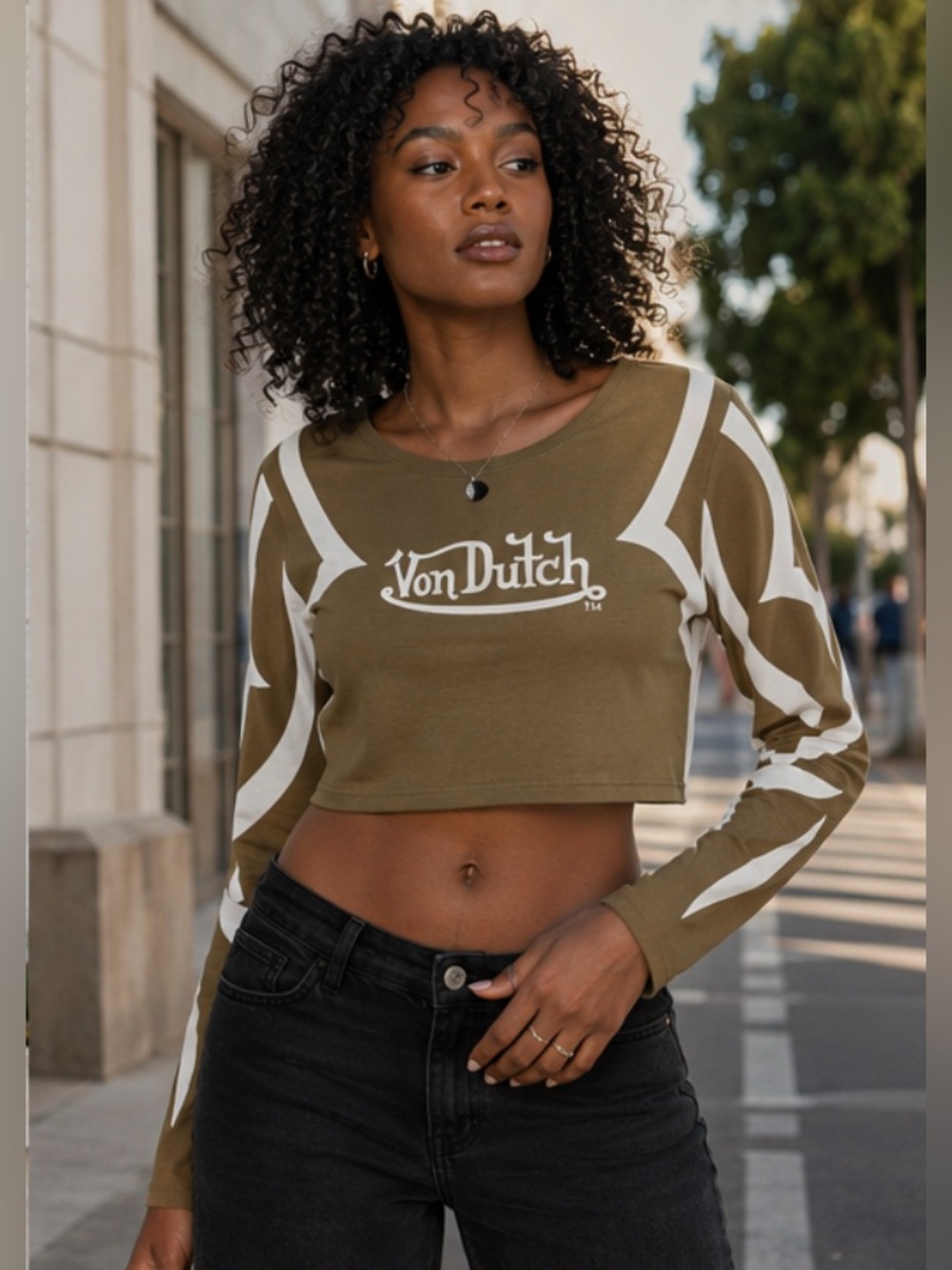 Von Dutch Brown Long-Sleeve Cropped Logo Tee with White Accents
